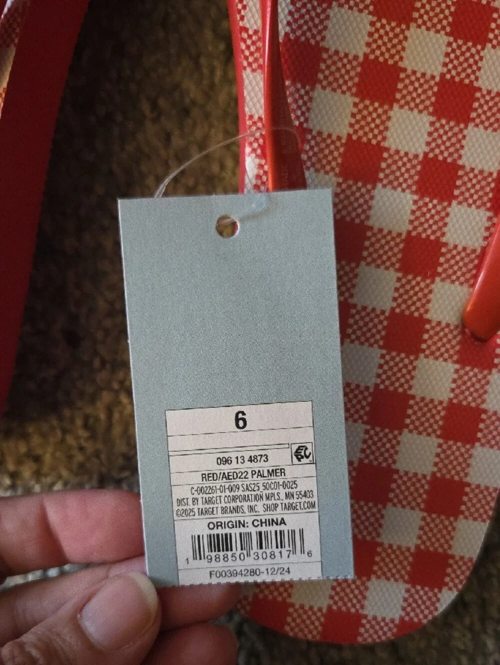 Shade & Shore Red Palmer Gingham Flip Flop Sandals Size 6 NWT